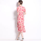 Temperament socialite printed short-sleeved dress women's popular summer new waist pleated ruffle edge medium and long dress
