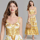 Yellow color suspender long dress popular summer dress yellow ceramic print vacation dress beach tube top skirt