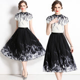 Pleated summer new fashion slim-fit shirt + printed pleated skirt two-piece set
