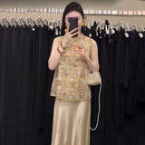 summer light luxury heavy industry retro vest national style new Chinese embroidered stand-up collar vest skirt set N4081