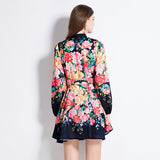 retro court style dress women's popular autumn new temperament waist and thin printed lantern sleeve skirt