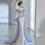 Light blue banquet dress, heavy industry bead super fairy light luxury fishtail skirt, toast dress, annual meeting one-word shoulder catwalk dress