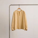 2025 spring and summer new linen buckle V-neck long-sleeved elastic waist loose shorts set
