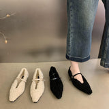 2025  popular autumn and winter new pointed head shallow mouth fluffy shoes women go out flat single shoes flash diamond square buckle velvet shoes children