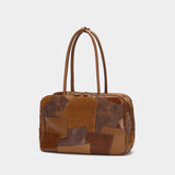 The first layer of cowhide splicing bowling bag New new miu home retro leather women's bag large capacity Boston bag