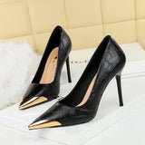 2025 3739-35  fashion women's shoes shallow mouth pointed head thin heel iron head metal pointed head decorative super high heel single shoes