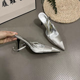 kamames Plus Size One-Strap Spring Pointed Sandals Women's Toe Cap Back Empty Stiletto Heel Fashion Silver Women's High Heel Shoes 43