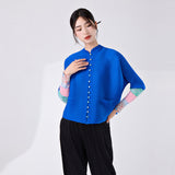 2025 National style new Chinese top spring and summer women's design sense stand-up collar buckle retro loose long-sleeved cardigan pleated T-shirt