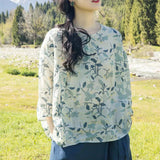 New Chinese top, diagonal shirt, seven-quarter-sleeved ramie printed literary loose shirt A0762