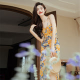 Retro Oil Painting Style Sexy High Waist Sling Dress 2024 Summer New High-Grade Mid-Length Dress