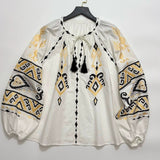 2025 25 early spring new  niche pastoral retro cotton and linen embroidered lantern sleeve doll shirt round neck pullover shirt women