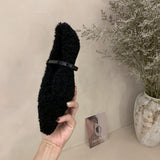 2025  popular autumn and winter new pointed head shallow mouth fluffy shoes women go out flat single shoes flash diamond square buckle velvet shoes children