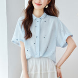 Cotton cocoon, square neck embroidered short-sleeved shirt for women in summer 25, new temperament age-reducing design sense jacquard shirt for women