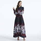 retro design sense printed bubble sleeves straps waist thin long dress temperament dress spring women