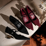 2025  Korean version of one-word buckle polka dot diamond temperament high heels women's burgundy senior sense pointed Mary Jane slope heel single shoes women