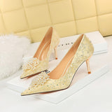2025 628-2  sexy banquet high heels stiletto high heel shallow mouth pointed pearl flower rhinestone women's shoes single shoes