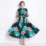 Popularan large-size women's clothing printing heavy industry beaded pleated long dress pleated skirt temperament dress women