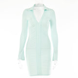 2025 women's clothing  summer new fashionable sexy Spice Girl temperament short dress solid color lapel long-sleeved dress