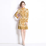 Court style dress women's popular new spring temperament stand-up collar breasted slim-fitting long niche printed dress skirt