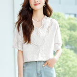 Cotton Cocoon V-Neck Positioning Embroidered Short Sleeve Shirt