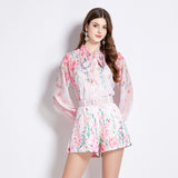 Hot trade sweet bow lace-up lantern long-sleeved waist printed chiffon shirt + shorts two-piece suit for women