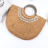 KAMAMES New Straw Bag Handbag Moon Bag Vacation Beach Bag Semicircle Woven Bag Shell round Bucket Bag