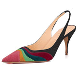 kamames Summer New Pointed Toe Shallow Mouth Rainbow Color-Blocking Stiletto Heel Sandals  plus Size Catwalk Banquet Wedding Shoes Women