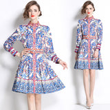 Spring and autumn retro court style long-sleeved stand-up collar waist and thin single-breasted a-word celadon printed dress dress