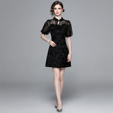 National style improved version of cheongsam skirt women's summer retro buckle black dress mesh stitching bubble sleeve a-word short skirt