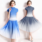 Pleated summer new fashion slim-fit shirt + printed pleated skirt two-piece set