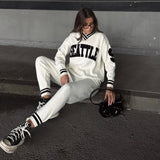 2025 Fashion Popular trade contrasting color collar letter collage sweater set women's high-end street sports long-sleeved sweater set