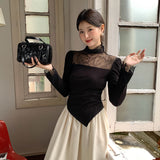2025 popular autumn and winter new temperament round neck lace splicing bottoming shirt women's versatile top tide 89150