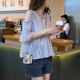 Official website, off-shoulder striped design, loose belly-covering chiffon shirt, women's summer  new small top