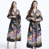 popular New women's clothing court style V-neck lantern sleeves painted and printed long-sleeved lady waist ruffle edge skirt