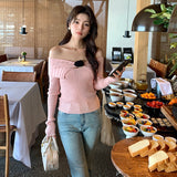 2025 popular spring new temperament one-word collar versatile bottoming shirt long-sleeved knitted sweater women's top 23209