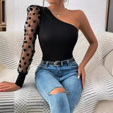 New women's clothing popular new slanted shoulder single-sleeved polka dot mesh stitching long-sleeved waist and thin women's top T