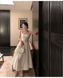 2025 Going out light wedding dress  simple satin Hepburn style certificate registration small white dress waist suspender dress dress