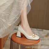 kamames Style Horsebit Buckle Mary Jane Shoes  New Thick Heel Shoes Women's Summer Square Toe Retro White High Heels Women