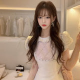 Heavy Industry  Handmade Beaded Premium Dress Women's Summer Lotus Leaf Edge Bubble Sleeve Short Fairy Dress L6081