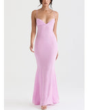 Kamames Sexy V Neck Sling Backless Maxi Mermaid Dress Elegant Pink Spaghetti Strap Bodycon Long Dress Mermaid Gown Celebrity Party Dress