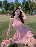 Casual Strapless Sexy Summer Dresses For Women  Korean Floral Print Chiffon Beach Holiday Mini Dress Elegant Party Dress