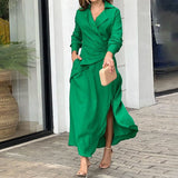 Kamames Green Women Dress Elegant Spring Summer Long Sleeve V Neck Party Dresses with Slit Pleated Beach A-LINE Maxi Dress for Women