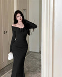 Kamames Sexy Women Off Shoulder Evening Party Dress  Elegant Long Sleeve Bodycon Lady Solid Maxi Dresses French Floral Vestidos Robe