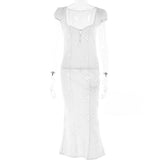 Kamames Sexy Hollow Out Midi Dress for Women Summer Elegant Chic V-Neck Slim Party Dress White Short Sleeve Casual Dress