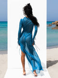 Summer Beach Dress Women Elegant Bandage Ruffles Slim Maxi Dress  New Sexy Blue Long Sleeve Evening Party Dress Club Outfits