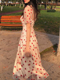 Vintage Elegant Point Lace Korean Party Dresses Lady Short Sleeve Dress for Women Female A-Line High Waist Vestidos