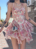 Kamames  -  Summer Women Sleeveless Sweet Pink Print beach Dress Female Slim Holiday  Halter Mini Dress Tierred Birthday Party Dress