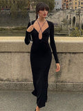 High Quality Elegant Backless Maxi Dresses For Women French Long Sleeve Solid Evening Party Dress  Summer Streetwear Dress