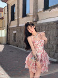 Kamames  -  Summer Women Sleeveless Sweet Pink Print beach Dress Female Slim Holiday  Halter Mini Dress Tierred Birthday Party Dress