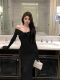 Kamames Sexy Women Off Shoulder Evening Party Dress  Elegant Long Sleeve Bodycon Lady Solid Maxi Dresses French Floral Vestidos Robe